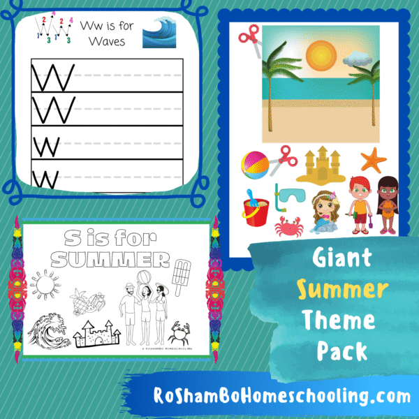 RoShamBo Homeschooling Summer Theme Pack promo showing several preschool printable worksheets with a summer theme