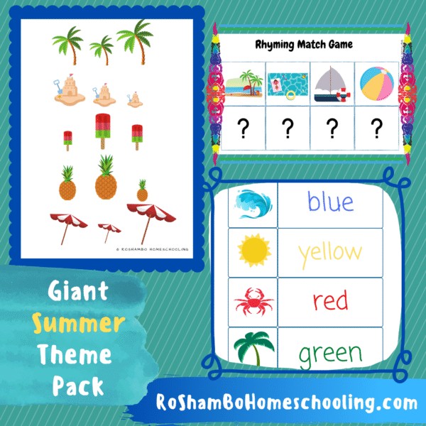 RoShamBo Homeschooling Summer Theme Pack promo showing several preschool printable worksheets with a summer theme