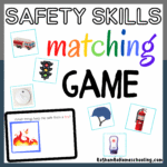 RoShamBo Homeshooling promo for Safety Skills Match Up Game. Shows a worksheet that says 'What things keep me safe in a fire?' and playing cards with various items that match and don't match