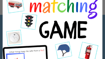 RoShamBo Homeshooling promo for Safety Skills Match Up Game. Shows a worksheet that says 'What things keep me safe in a fire?' and playing cards with various items that match and don't match