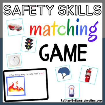 RoShamBo Homeshooling promo for Safety Skills Match Up Game. Shows a worksheet that says 'What things keep me safe in a fire?' and playing cards with various items that match and don't match