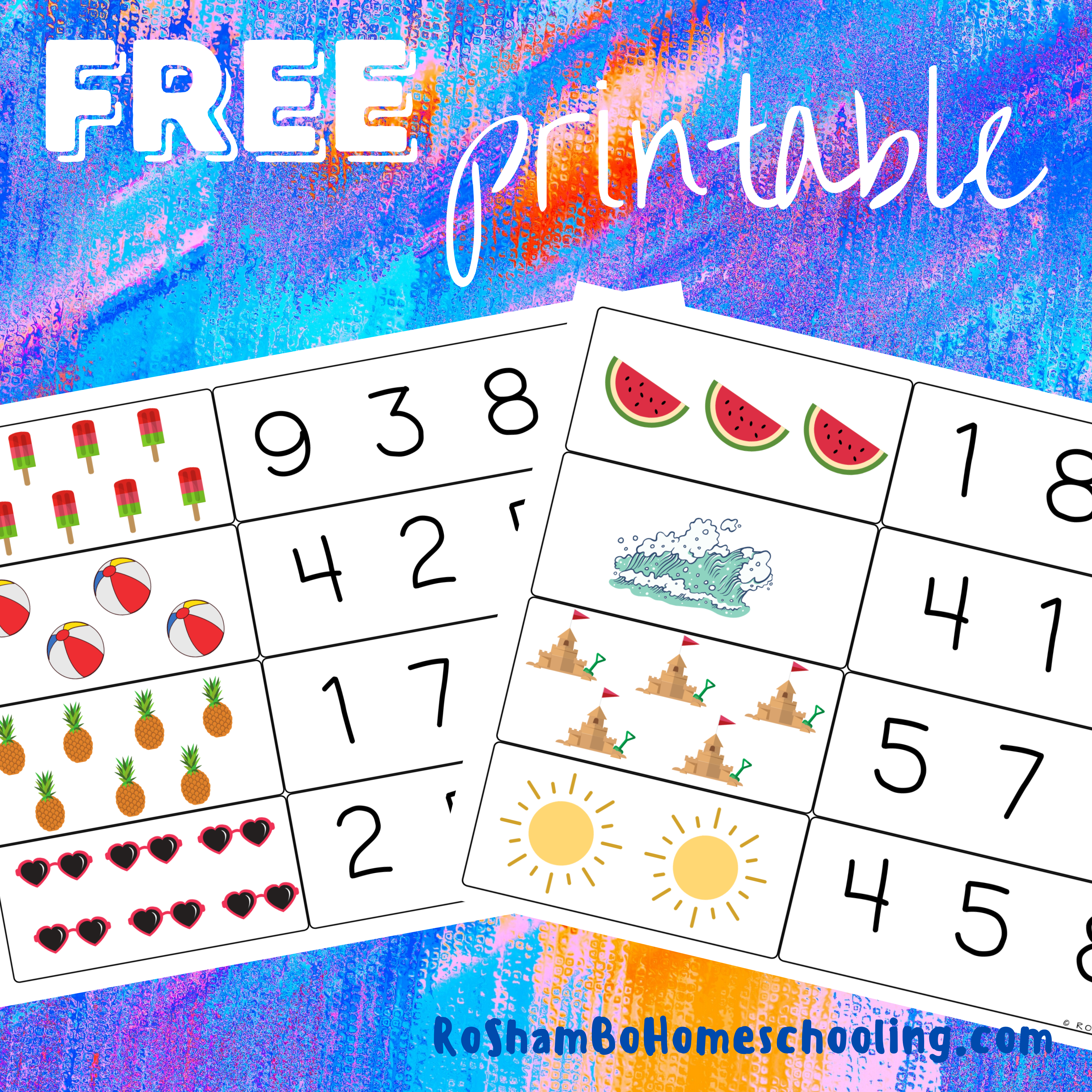 RoShamBo Homeschooling free preschool printable with counting clip cards and a summer theme