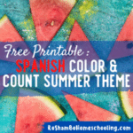 RoShamBo Homeschooling printable coloring sheets with numbers 1-10, written Spanish number words, and a summer theme
