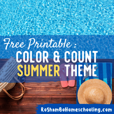 RoShamBo Homeschooling free printable worksheets with coloring sheets showing numbers 1-10 and a summertime theme