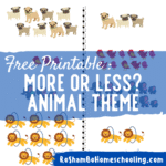 RoShamBo Homeschooling free printable worksheet showing groups of more animals and less animals for kids to practice comparing quantities