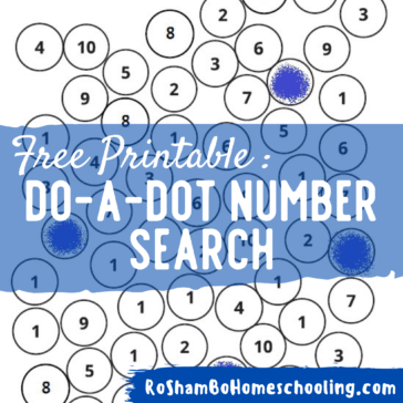 RoShamBo Homeschooling free printable with bubbles containing different numbers where kids can use do-a-dot markers to search and "pop" the correct number on each page