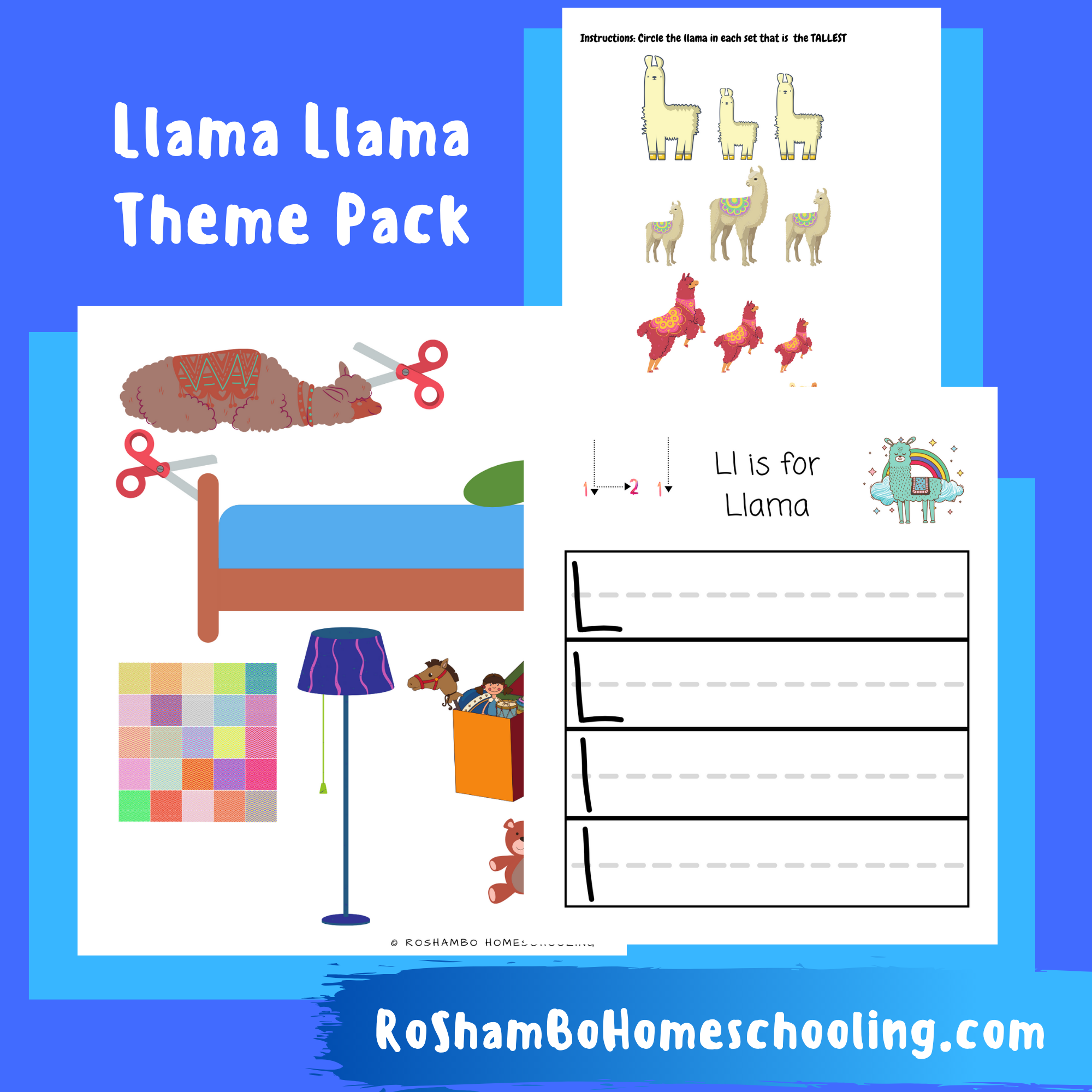 RoShamBo Homeschooling printable llama llama preschool theme pack for learning abcs, counting, handwriting, and colors