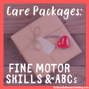 RoShamBo Homeschooling covid-19 sending care packages for practicing fine motor skills and learning abcs