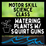 RoShamBo Homeschooling activity where a toddler is using a squirt wand to water a bush