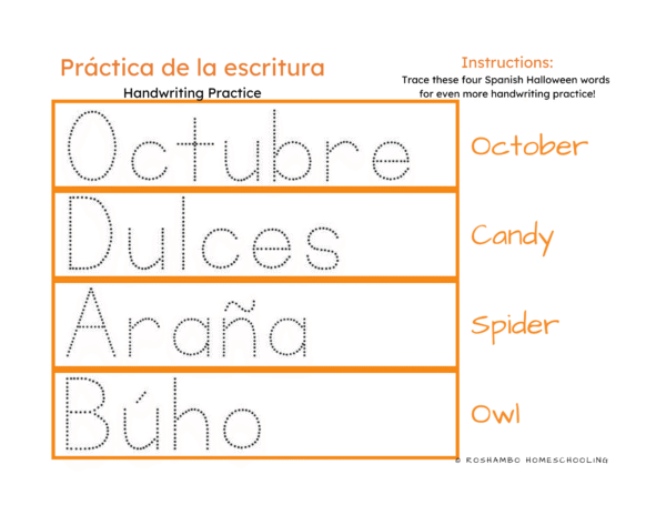 RoShamBo Homeschooling printable Spanish handwriting practice with halloween theme