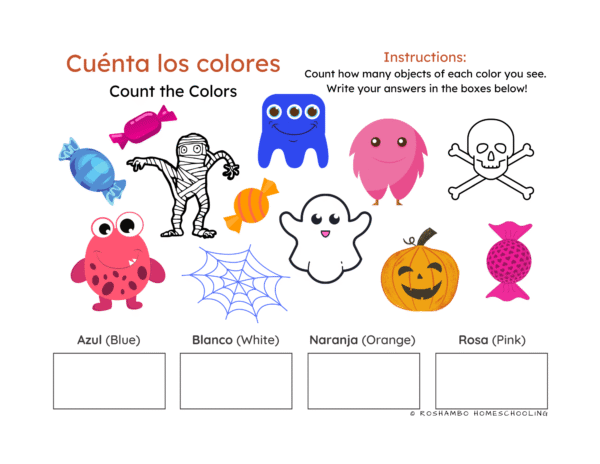 RoShamBo Homeschooling printable count the color halloween theme in Spanish