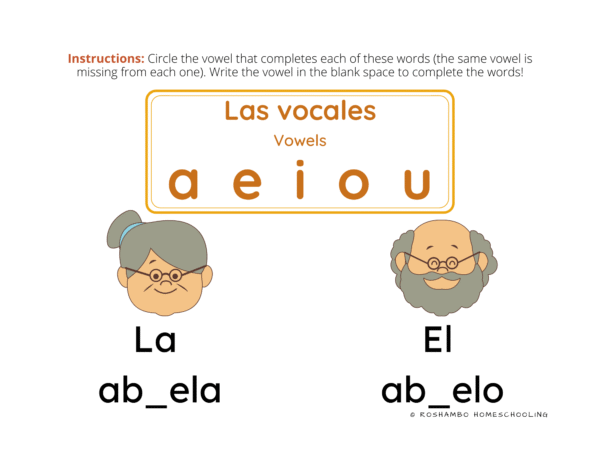RoShamBo Homeschooling printable fall theme pack with missing vowels in Spanish words