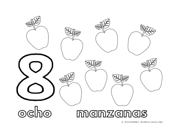 RoShamBo Homeschooling coloring sheet with Spanish counting and a fall theme