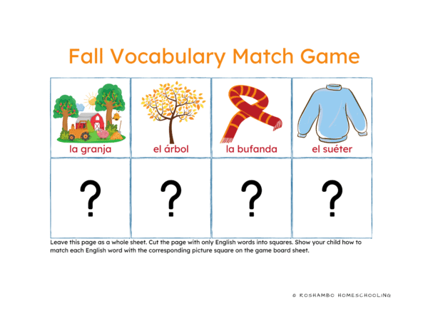 RoShamBo Homeschooling printable fall Spanish vocabulary theme pack