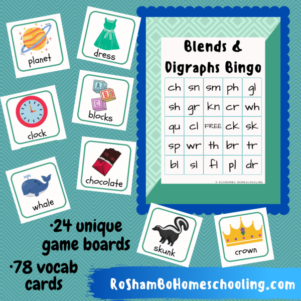 RoShamBo Homeschooling printable blends and digraphs bingo game