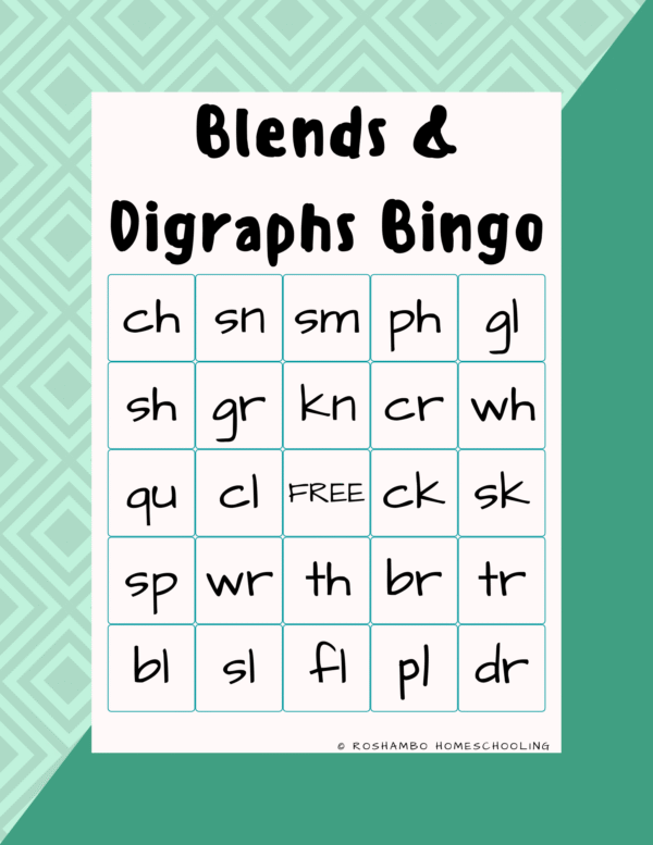 RoShamBo Homeschooling printable game blends and digraphs bingo game board