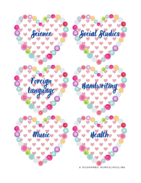RoShamBo Homeschooling printable homeschool room labels button hearts