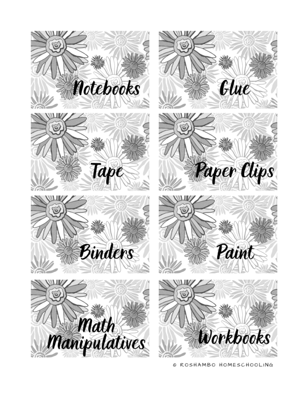 RoShamBo Homeschooling printable homeschool room labels black and white floral