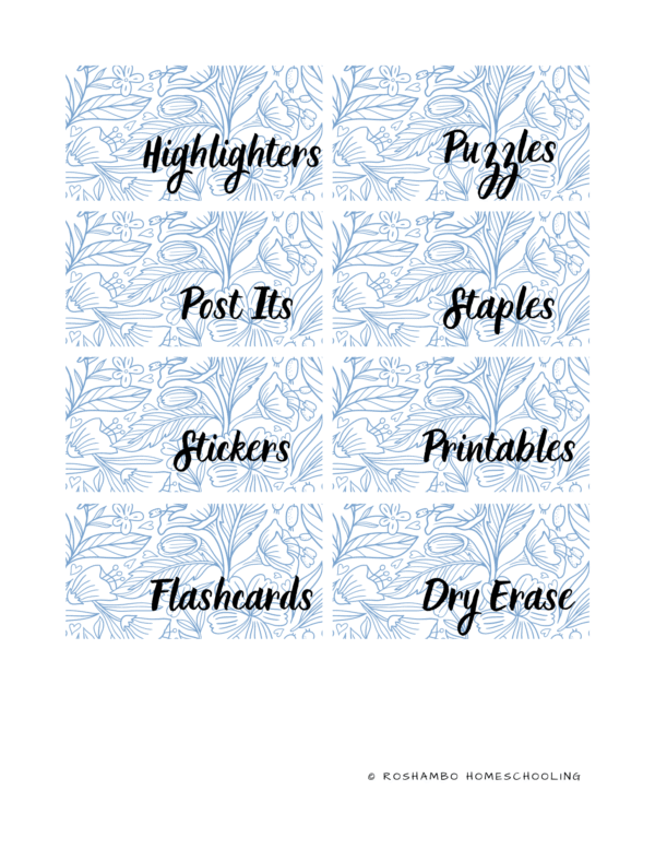 RoShamBo Homeschooling printable homeschool room labels blue floral
