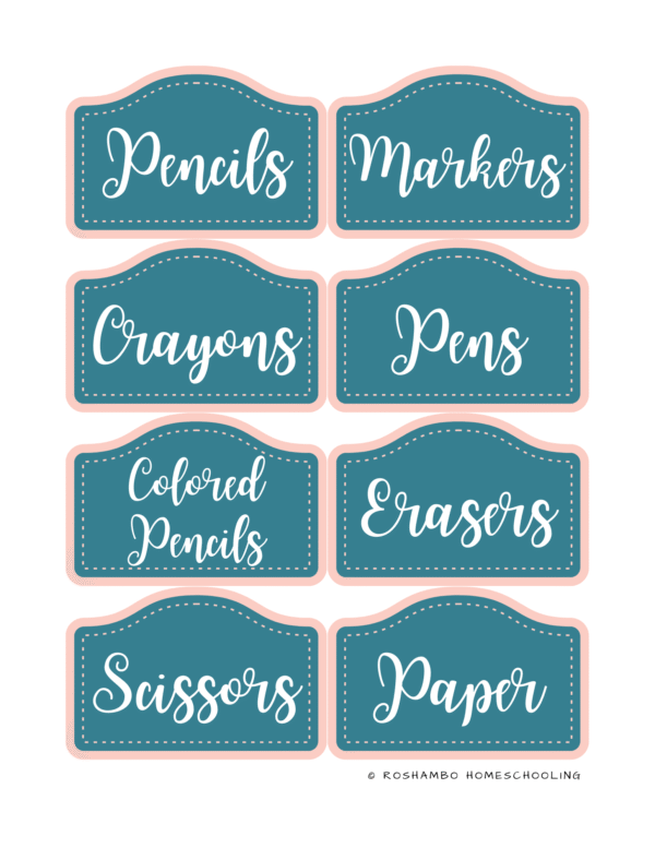 RoShamBo Homeschooling printable homeschool room labels glam blue and pink