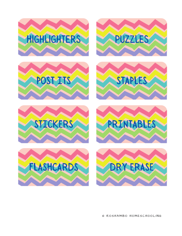 RoShamBo Homeschooling printable homeschool room labels rainbow chevron