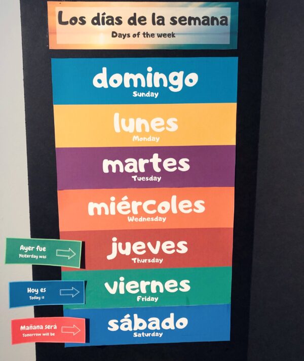 RoShamBo Homeschooling circle time board in Spanish and English days of the week