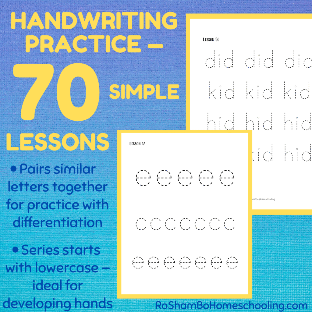 RoShamBo Homeschooling printable handwriting practice lowercase letters first 70 lessons