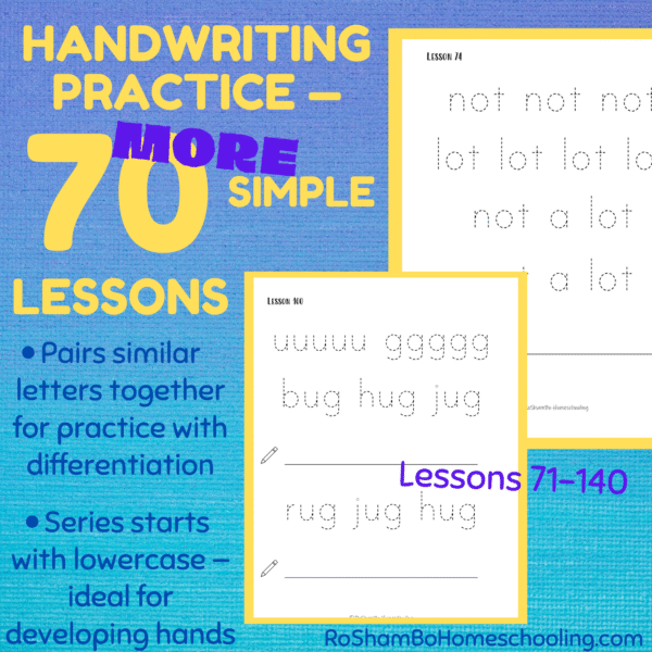 RoShamBo Homeschooling printable handwriting practice pack set 2 lowercase letters 70 lessons
