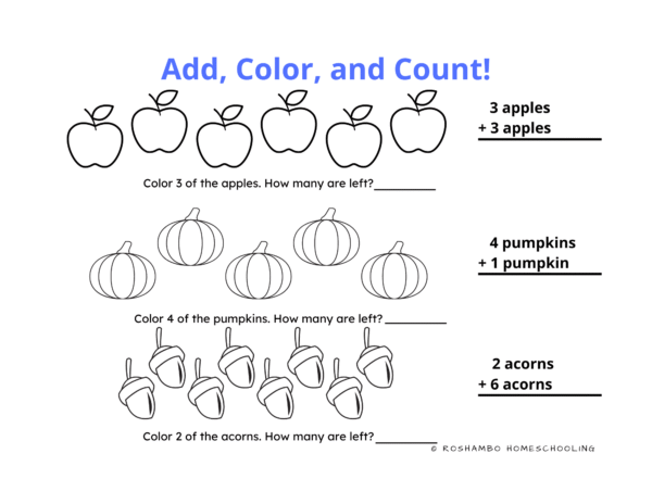 RoShamBo Homeschooling fall theme printable addition practice with coloring