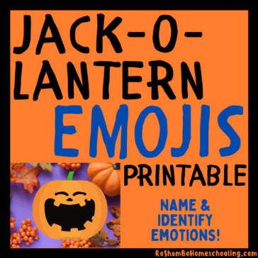 RoShamBo Homeschooling printable jack-o-lantern emojis for naming and identifying emotions on a pumpkin