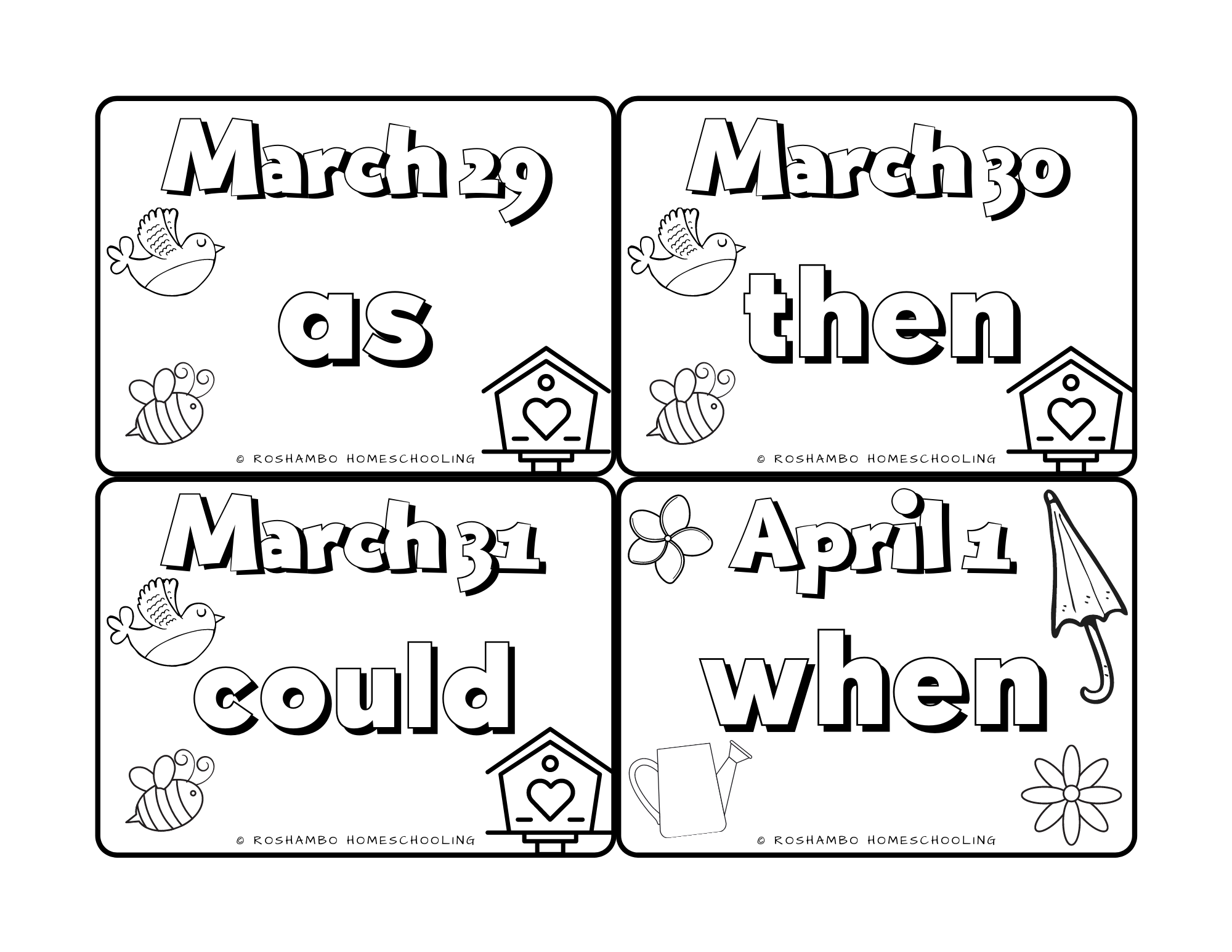 RoShamBo Homeschooling sight word of the day color calendar for 1st grade sample